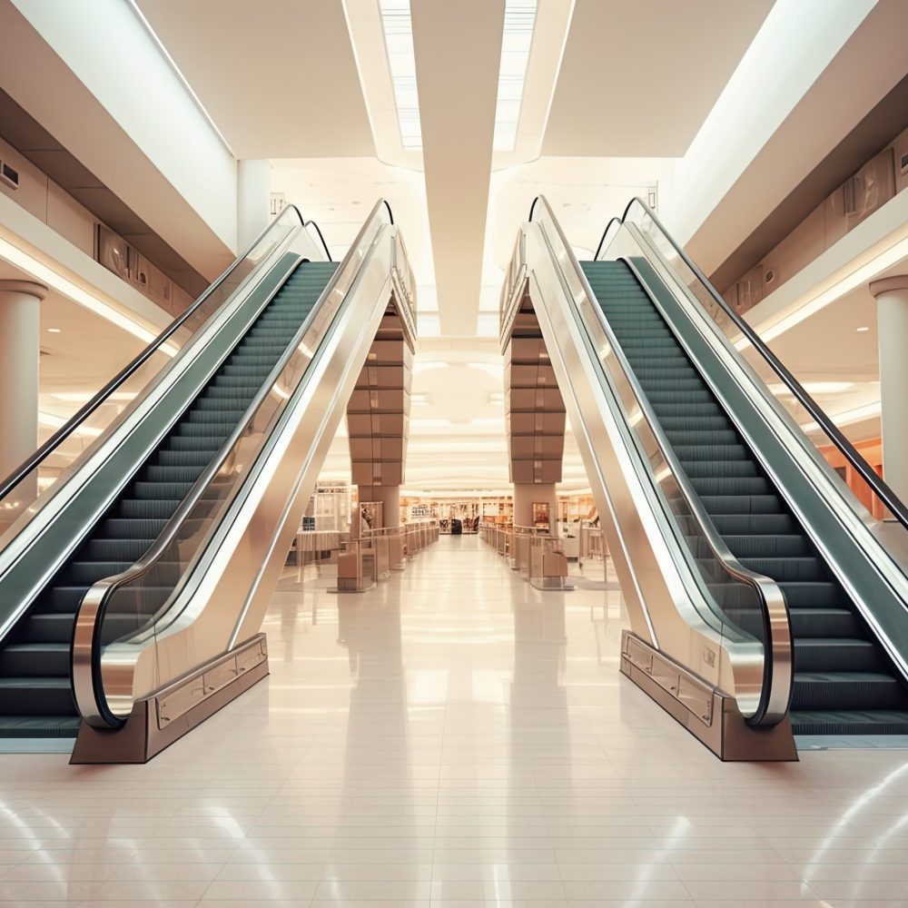 Modern luxury escalators with staircase for commercial center